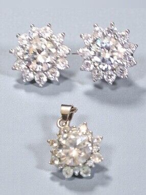 Silver Moisanite Flower Pendant Necklace With Earrings- Clear
